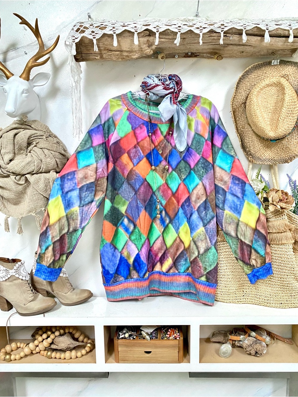 BNWOT Diamond multicoloured print summer boho sweater/dress w cottagecore vibe - Picture 5 of 14